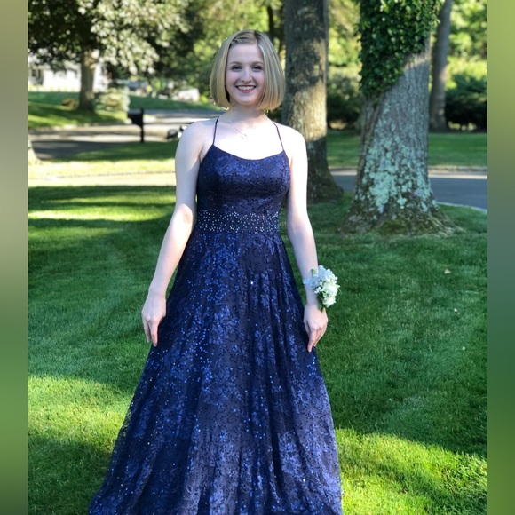 Say Yes To The Prom Dress Navy Blue Sequin Ball Gown Juniors Size 7 - Picture 1 of 4